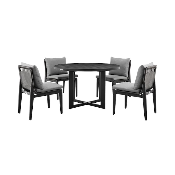 Armen Living Grand Outdoor Patio 5-Piece Round Dining Table Set in Aluminum with Gray Cushions 840254332751 - main